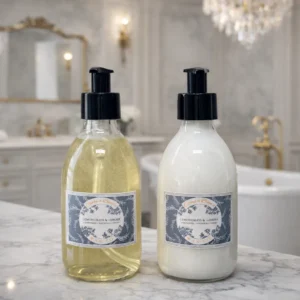 Lemongrass & Ginger Hand & Body Lotion bottle styled in a luxury bathroom interior