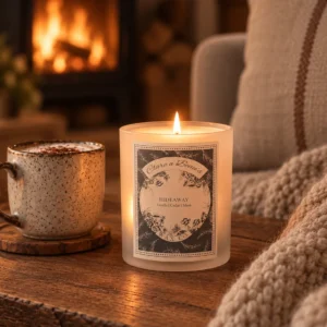 Hideaway Signature Candle by Clare a Beau’s, fragranced with Vanilla, Cedar and Musk.