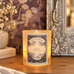 Retreat candle by Clare a Beau’s in frosted glass with Saffron, Elemi and Oud scent.