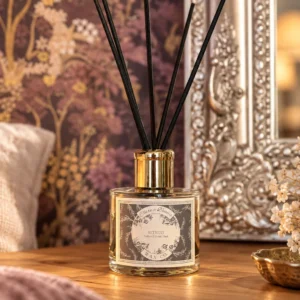 Retreat reed diffuser by Clare a Beau’s with black reeds and Saffron, Elemi and Oud fragrance.